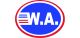 Blaues ovales Logo mit "W.A." in Weiß, umrahmt von einem roten Rand.