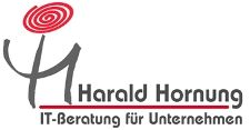 Logo mit rotem Spiralymbol, Text: "Harald Hornung, IT-Beratung für Unternehmen".