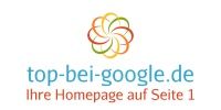 Logo mit Text: "top-bei-google.de - Ihre Homepage auf Seite 1" und einem bunten Blütendesign.