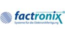 Logo von Factronix mit Slogan "Systeme für die Elektronikfertigung" neben einem blauen Design.