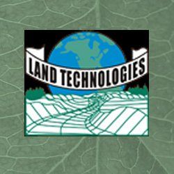 Logo with "Land Technologies," globe, field outlines, and leaf background.