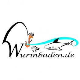 Logo von Wurmbaden.de mit Angel, lächelndem Wurm, Fisch und Hai in schwarz-blau.