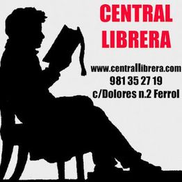 Silueta de una persona leyendo junto a los datos de contacto de Central Librera en Ferrol.