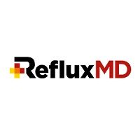 Logo with "RefluxMD" text in black and red, featuring a yellow and red cross design.