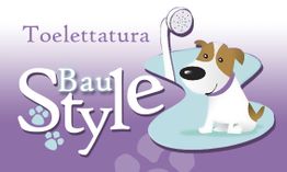 Cane su sfondo viola con doccia. Testo: "Toelettatura Bau Style". Zampette stilizzate visibili.