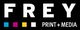 FREY-Logo mit bunten Quadraten und Text "PRINT + MEDIA" auf schwarzem Hintergrund.