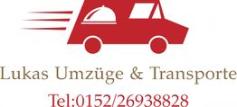 Rotes Transportfahrzeug-Logo mit „Lukas Umzüge & Transporte“ und Telefonnummer darunter.