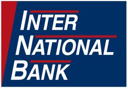 Inter National Bank logo with bold white text on a blue background and a red vertical stripe.