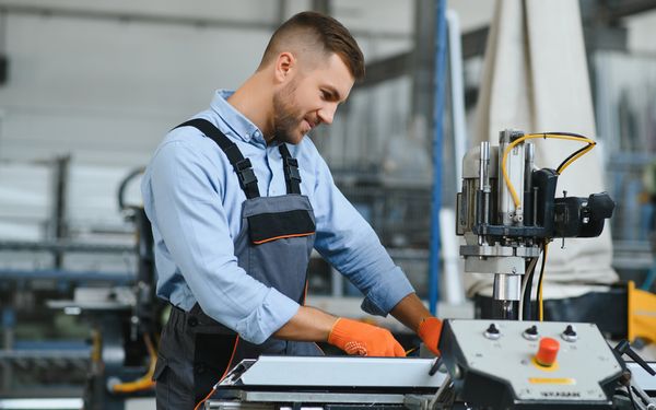 Maschinenführer in grauer Latzhose und mit hellblauem Hemd bedient eine CNC Fräse