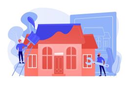 Illustration of workers painting a house red with a large wrench and blueprint in the background.