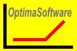 Gelbes Logo mit Schriftzug "OptimaSoftware" und einem ansteigenden roten Graphen.