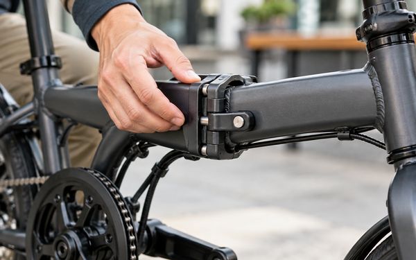 Eine Person überprüft das Scharnier und die Verriegelung des Klapprad-Faltmechanismus am Fahrradrahmen auf sicheren Sitz und mögliche Verschleißerscheinungen.