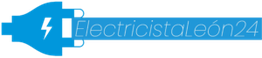 Logotipo azul con texto "ElectricistaLeón24" y un enchufe eléctrico a la izquierda.