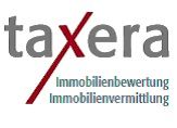 Logo mit rotem "X", Text: "taxera", "Immobilienbewertung, Immobilienvermittlung".