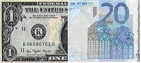 Ein US-Dollar-Schein neben einem 20-Euro-Schein.