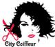 Schwarz-weiße Grafik eines Gesichts mit rosa Schere und Text "City Coiffeur".