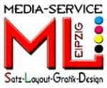 Logo mit Text: MEDIA-SERVICE ML Leipzig, farbige Punkte, Satz-Layout-Grafik-Design.