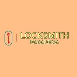 "Logo with key icon and text: Locksmith Pasadena on an orange background."