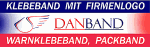 Grafik mit Text "Klebeband mit Firmenlogo", Logo, "Danband", "Warnklebeband, Packband".