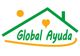 Logo con la escritura "Global Ayuda", un corazón y una casa en colores verde y naranja.