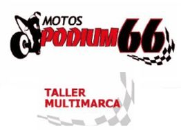 Logo de "Motos Podium 66" con motociclista y bandera a cuadros. Texto: "Taller Multimarca".