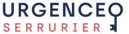 Texte "URGENCEO SERRURIER" avec une icône de clé, en bleu et rouge.