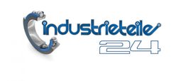 Logo mit Text "industrieteile 24" neben einem offenen Kugellager in Blau und Silber.