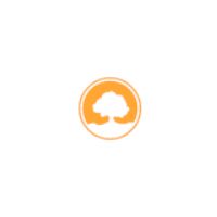 Orangefarbiges Logo mit Baum und Händen in einem Kreis.