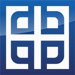Symmetrical white geometric design on a blue gradient background.