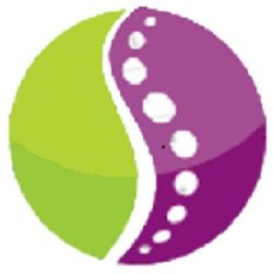 Abstraktes Logo: Grüne und violette Halbkreise mit einer geschwungenen, gepunkteten Linie.