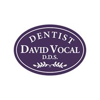 Logo for Dentist David Vocal, D.D.S., with purple oval design and decorative branch elements.