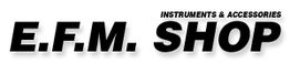 Schwarzer Text "E.F.M. SHOP" und "INSTRUMENTS & ACCESSORIES" auf weißem Hintergrund.
