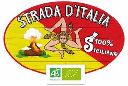 Logo "Strada d'Italia", avec un emblème sicilien et un volcan, texte "100% Siciliano".