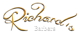 Texto dorado "Richard's" sobre fondo negro, con "Barbers" en blanco debajo.