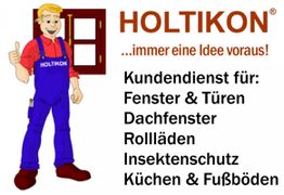 Mann in Latzhose, Text: "Kundendienst für Fenster, Türen, Dachfenster, Rolläden, Insektenschutz".