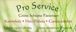Pro Service Werbung für Kaminholz und Gartenzubehör, Grün, mit Kontaktdaten und Website.