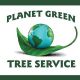 "Planet Green Tree Service logo: Earth on a leaf with text above and below."
