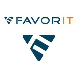 Logo mit dem Text "FAVORIT" und dreieckigem Symbol darunter in Blau und Orange.