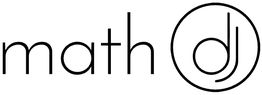 Schwarz-weißes Logo mit dem Text "math dj" in modernen, schlanken Buchstaben und Kreisdesign.