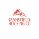 Red house rooftops with "Mansfield Roofing Co" text in bold red letters below.