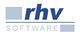 Logo mit blauem Text "rhv SOFTWARE", eingerahmt von grauen Quadraten.