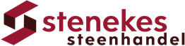Logo van Stenekes Steenhandel met rode kubus en tekst in rood en zwart.