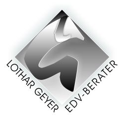 Logo mit silbernem G, Text: "Lothar Geyer EDV-Berater", in Rautenform.