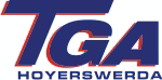 "TGA Hoyerswerda Logo mit blauen Buchstaben und roten Konturen auf weißem Hintergrund."