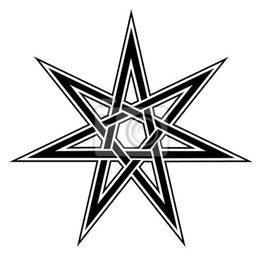 Schwarz-weißes geometrisches Sternmuster mit verschlungenen Linien auf weißem Hintergrund.