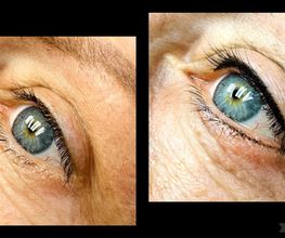 Twee close-ups van een blauw oog, links en rechts verschillend belicht en gefotografeerd.