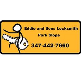Stick figure riding a key with text: "Eddie and Sons Locksmith Park Slope 347-442-7660".