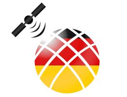 Satellit sendet Signale zu einer Kugel im Deutschlandflaggen-Design.