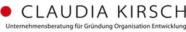 CLAUDIA KIRSCH Logo mit rotem Punkt, Text: Unternehmensberatung für Gründung, Organisation, Entwicklung.