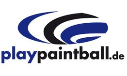 Logo mit stilisierten blauen und schwarzen Bögen und dem Text "playpaintball.de".